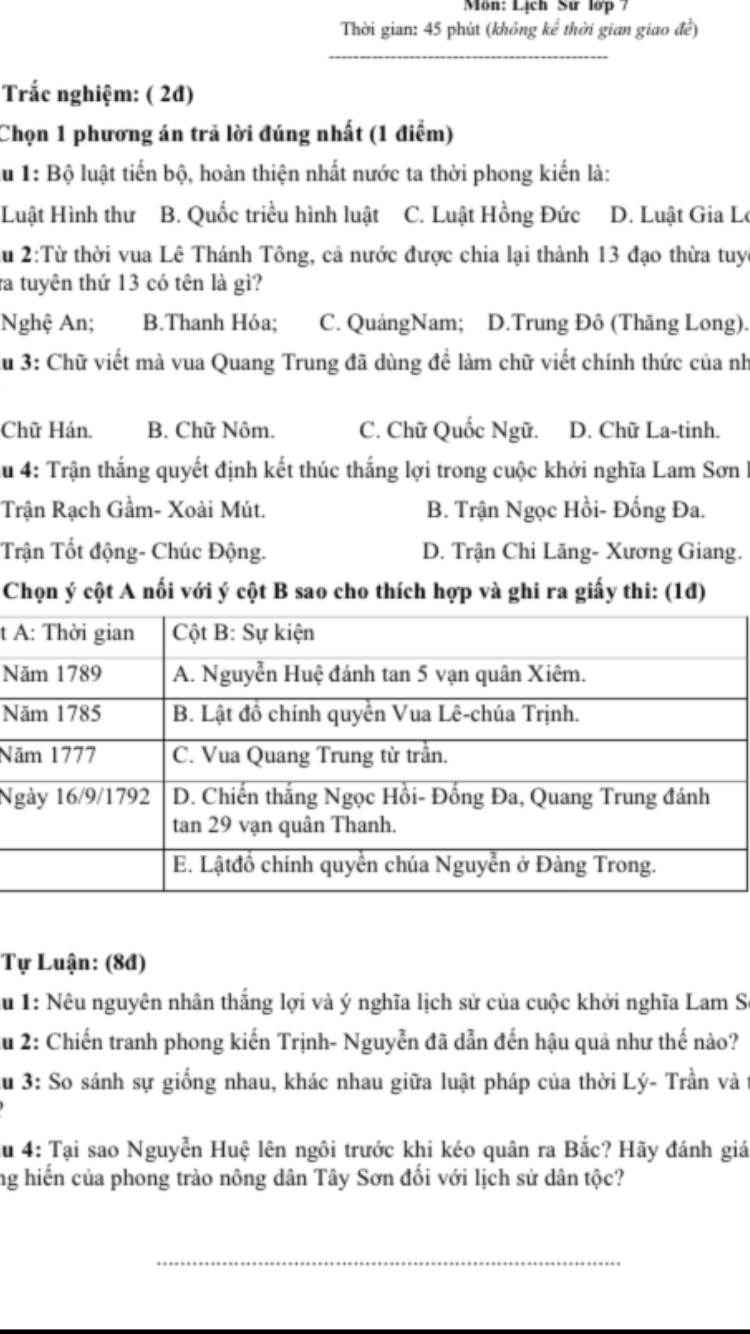 Đề Kiểm Tra Học Kì Lịch Sử Lớp 7: - Ioshare